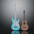 Musical Instruments and Art Supplies Featuring Blue Electric Guitar Brown Ukulele and Artistic Decorative Elements