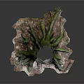 Tree Stump Sculpture With Textured Surface Green Brown Tones Root Like Base On Black Background