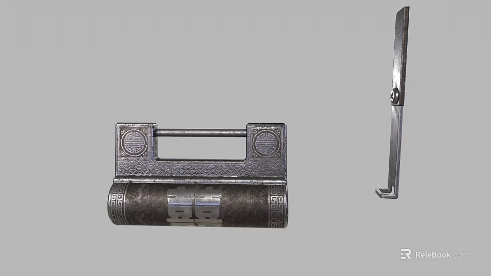 Traditional Metal Padlock With Decorative Patterns And Key For Daily Use 3d model 