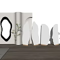 Decorative Mirrors Of Various Shapes In Modern Interior With Wooden Floor And Green Plants