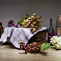 Fresh Grapes In Basket With Plaid Cloth Wine Bottles Glasses And Wooden Barrel