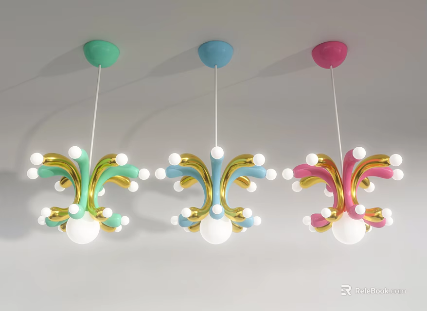 Colorful Modern Chandeliers With Green Blue Pink Ceiling Bases Golden Decorations And White Spherical Bulbs 3d model 