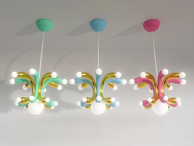 Colorful Modern Chandeliers With Green Blue Pink Ceiling Bases Golden Decorations And White Spherical Bulbs 3d model