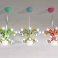 Colorful Modern Chandeliers With Green Blue Pink Ceiling Bases Golden Decorations And White Spherical Bulbs
