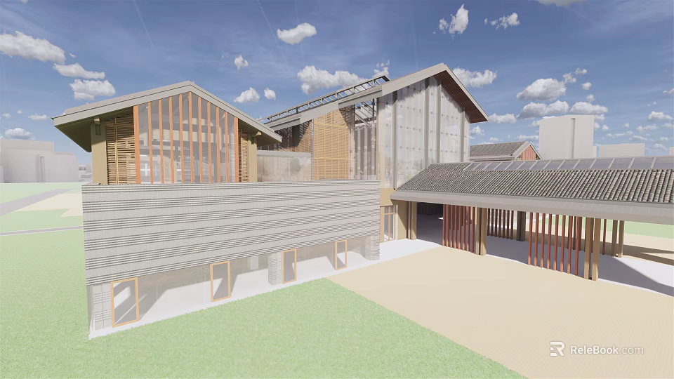Traditional Modern Hotel Building With Wooden Structure Sloped Roof And Green Lawn 3d model 