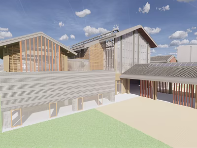 Traditional Modern Hotel Building With Wooden Structure Sloped Roof And Green Lawn 3d model