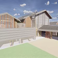 Traditional Modern Hotel Building With Wooden Structure Sloped Roof And Green Lawn
