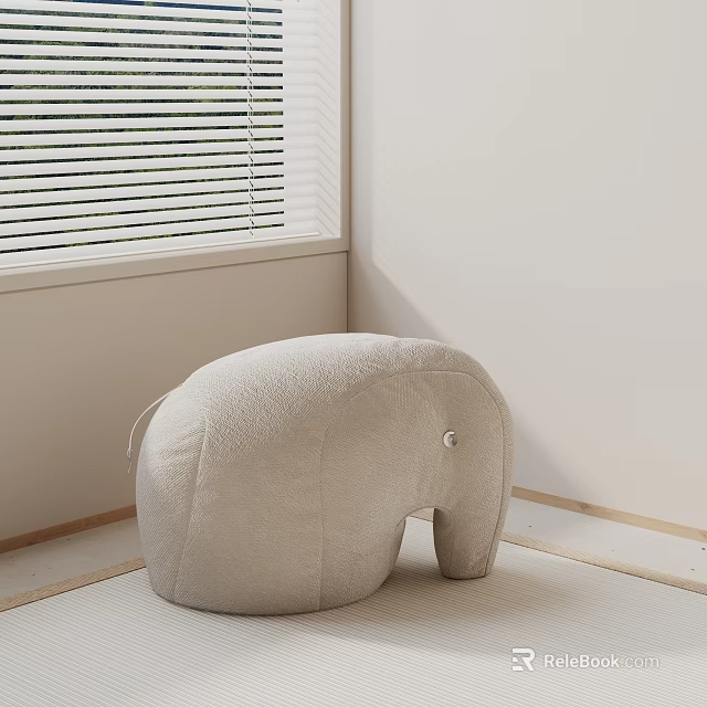 Beige Elephant Shaped Sofa Stool in Room Corner with Window Blinds and Light Mat 3d model