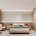 Hotel Room Interior with Twin Beds Green Pillows Wooden Wardrobes Bedside Tables and Window Curtains