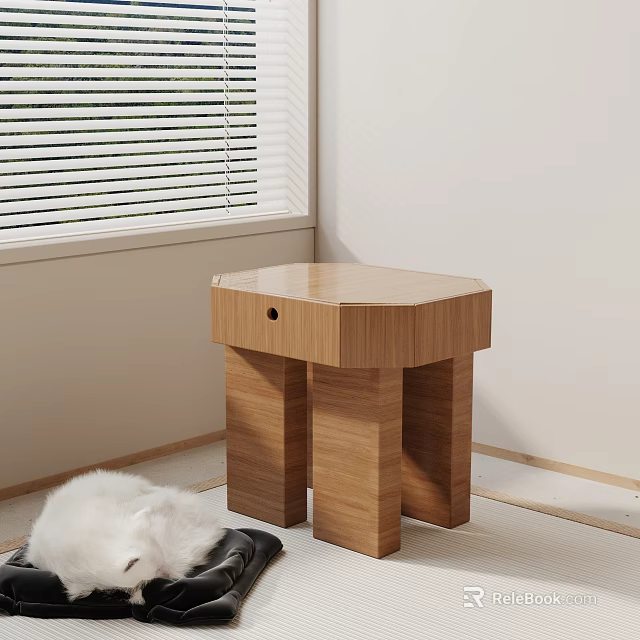 Wooden Octagonal Side Table in Modern Indoor Space with Window Blinds and White Dog 3d model 