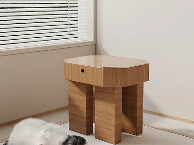 Wooden Octagonal Side Table in Modern Indoor Space with Window Blinds and White Dog 3d model