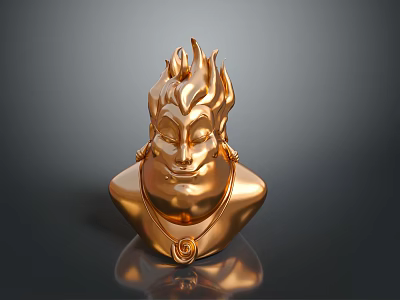 Game Movie Character Golden Bust Featuring Flame Like Head Detailed Facial Expression And Decorative Necklace 3d model
