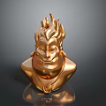 Game Movie Character Golden Bust Featuring Flame Like Head Detailed Facial Expression And Decorative Necklace
