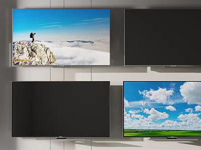 Four Televisions Showing Scenic Mountain View Blue Sky Green Field And Black Screens 3d model