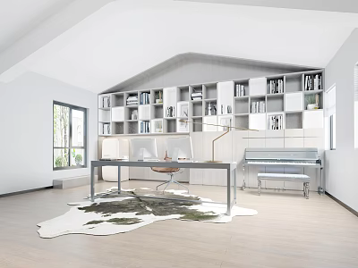 Bright Modern Study Room With Large Bookshelves Desk And Piano 3d model