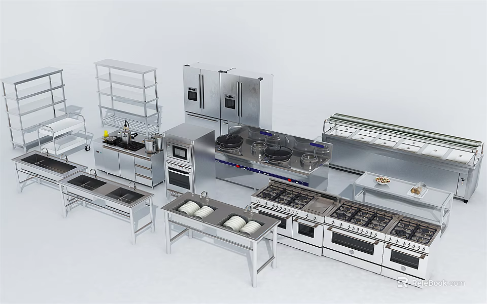Stainless Steel Kitchen Appliances Collection Including Refrigerators Stoves Ovens And Storage Racks 3d model 