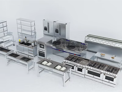 Stainless Steel Kitchen Appliances Collection Including Refrigerators Stoves Ovens And Storage Racks 3d model