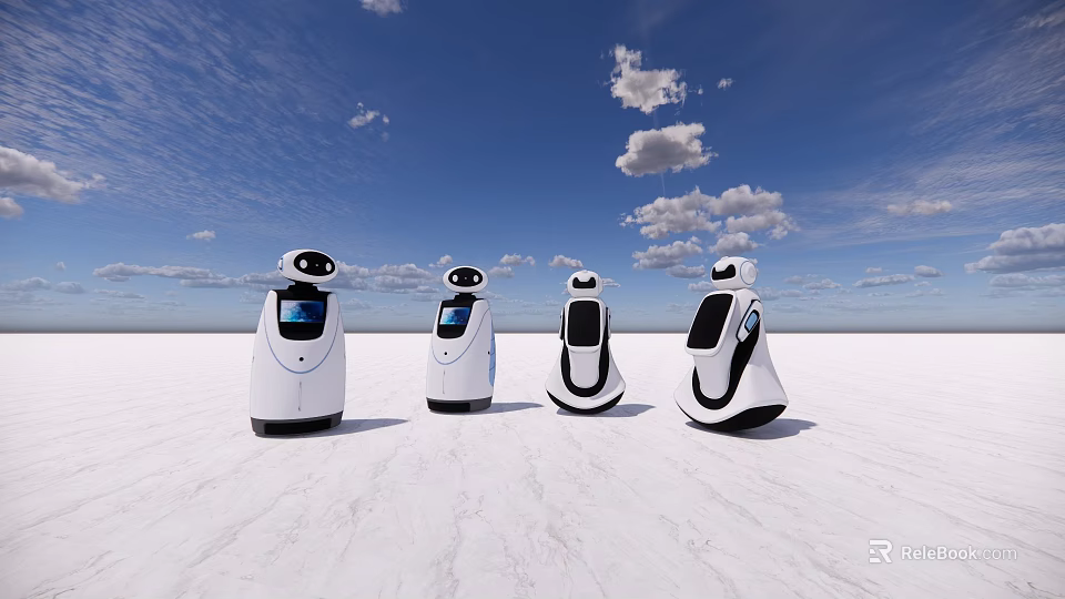 White Robots With Various Designs Standing On Open Ground Under Blue Sky And White Clouds 3d model