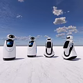 White Robots With Various Designs Standing On Open Ground Under Blue Sky And White Clouds 3d model