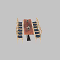 Elegant Dining Table Set With Long Wooden Top Black Base Golden Chairs And Blue Cushions