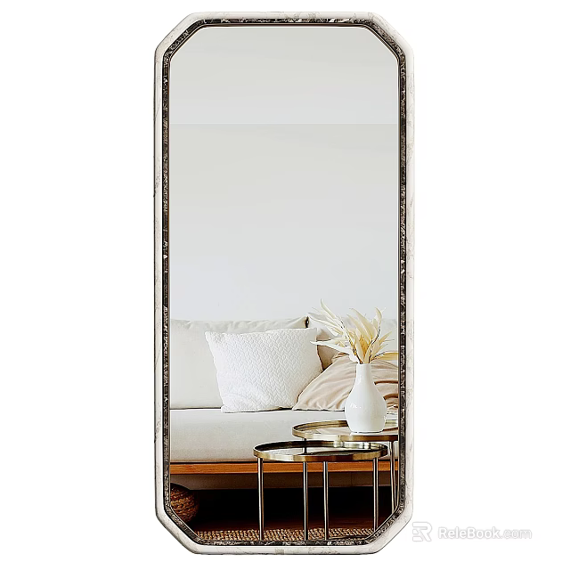 Elegant Full Length Mirror Reflecting Sofa With Pillows And Decorative Vase 3d model 