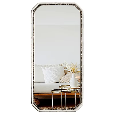 Elegant Full Length Mirror Reflecting Sofa With Pillows And Decorative Vase 3d model
