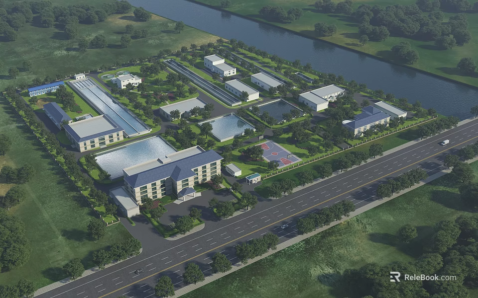 Aerial View Planning of Modern Industrial Park With Buildings Roads River and Green Spaces 3d model 