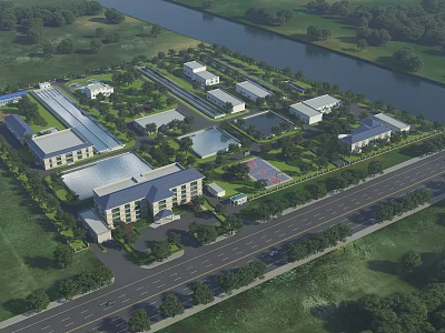 Aerial View Planning of Modern Industrial Park With Buildings Roads River and Green Spaces 3d model