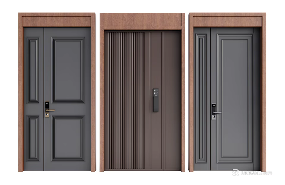 Modern Security Doors With Wooden Frames Secure Locks And Various Design Styles 3d model