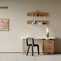 Modern Home Office Desk With Gray Chair Wooden Shelves And Wall Art Decor