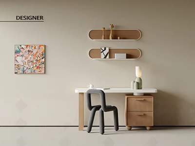 Modern Home Office Desk With Gray Chair Wooden Shelves And Wall Art Decor 3d model