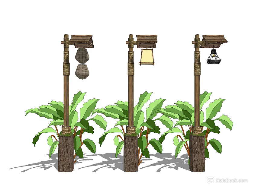 Outdoor Lights with Wooden Poles and Various Lamp Shades Surrounded by Green Plants 3d model 