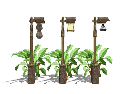 Outdoor Lights with Wooden Poles and Various Lamp Shades Surrounded by Green Plants 3d model