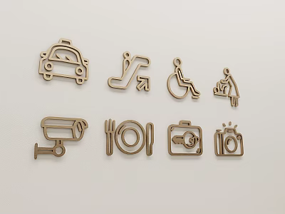 Wooden Service And Facility Icons Featuring Taxi Wheelchair Camera And Utensils 3d model