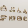 Wooden Service And Facility Icons Featuring Taxi Wheelchair Camera And Utensils