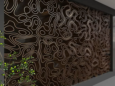 Modern Decorative Background Wall with Intricate Dark Curved Patterns and Green Plants Accent 3d model