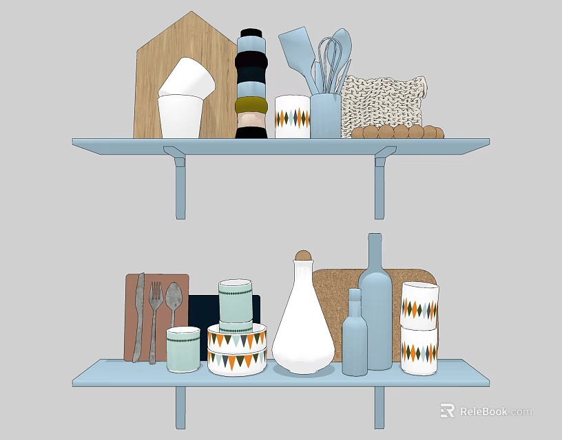 Organized Kitchen Shelf Displaying Dinnerware Set With Cups Jars Utensils And Wooden Cutting Board 3d model 