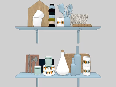Organized Kitchen Shelf Displaying Dinnerware Set With Cups Jars Utensils And Wooden Cutting Board 3d model