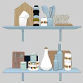 Organized Kitchen Shelf Displaying Dinnerware Set With Cups Jars Utensils And Wooden Cutting Board