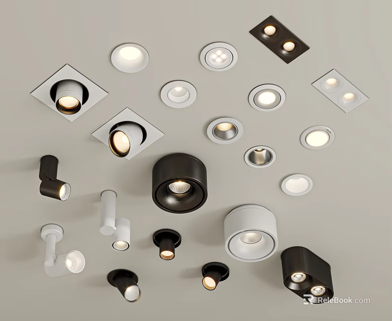 Various Styles Indoor Lighting Combination With Recessed Ceiling Lights And Black White Fixtures 3d model 