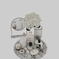 Bath and Daily Care Essentials on Vanity Tray with Mirror Candle and White Flowers