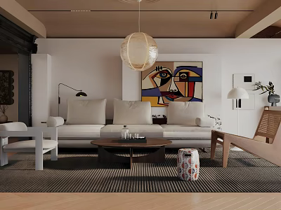 Modern Living Room Interior With White Sofa Round Pendant Light Abstract Painting And Wooden Floor 3d model
