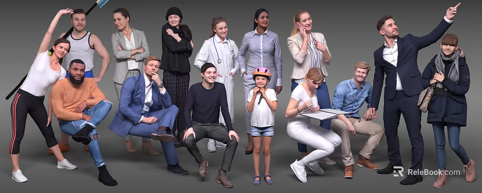 Diverse Group of People in Casual Professional Attire Posing Together with Different Ages 3d model 