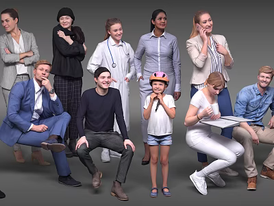 Diverse Group of People in Casual Professional Attire Posing Together with Different Ages 3d model