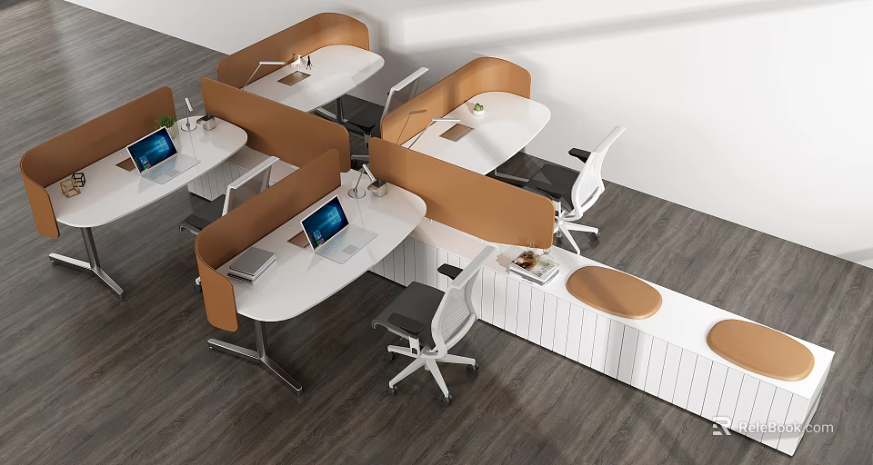 Modern Office Workstation Desks With White Tabletop Brown Partition And Laptop 3d model 