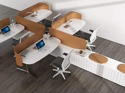 Modern Office Workstation Desks With White Tabletop Brown Partition And Laptop 3d model
