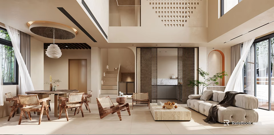 Duplex Living Room With Open Space Staircase Sofa Coffee Table Pendant Light And Natural Tones 3d model 