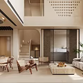 Duplex Living Room With Open Space Staircase Sofa Coffee Table Pendant Light And Natural Tones