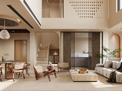 Duplex Living Room With Open Space Staircase Sofa Coffee Table Pendant Light And Natural Tones 3d model