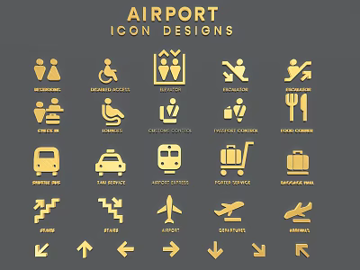 Airport Icon Designs With Wheelchair Security Check Luggage And Airplane Elements 3d model